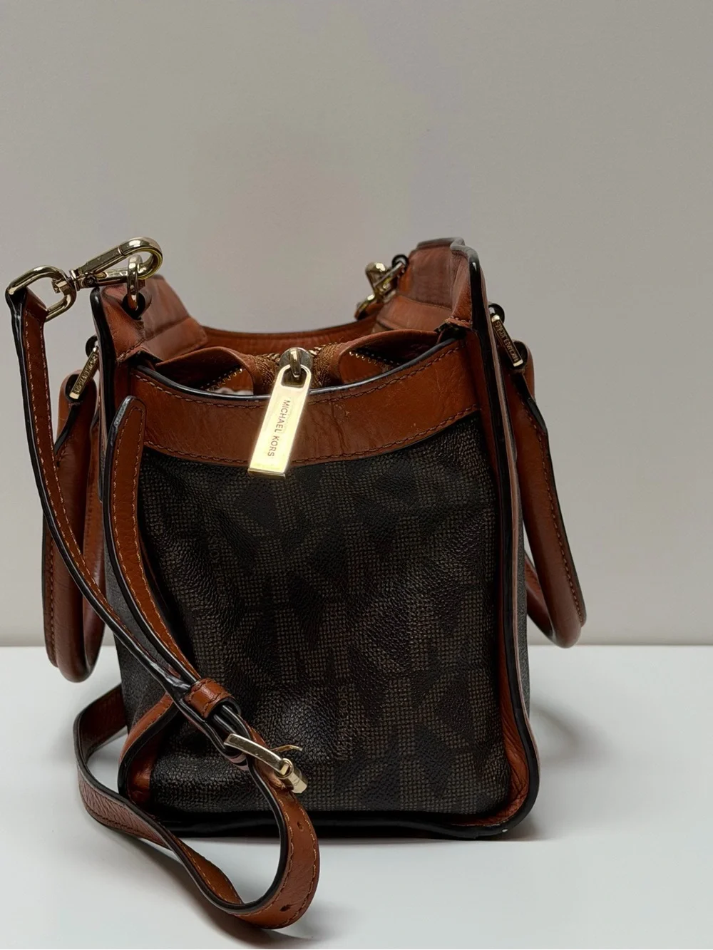 Michael Kors Brown & Tan Logo Satchel with Gold Hardware